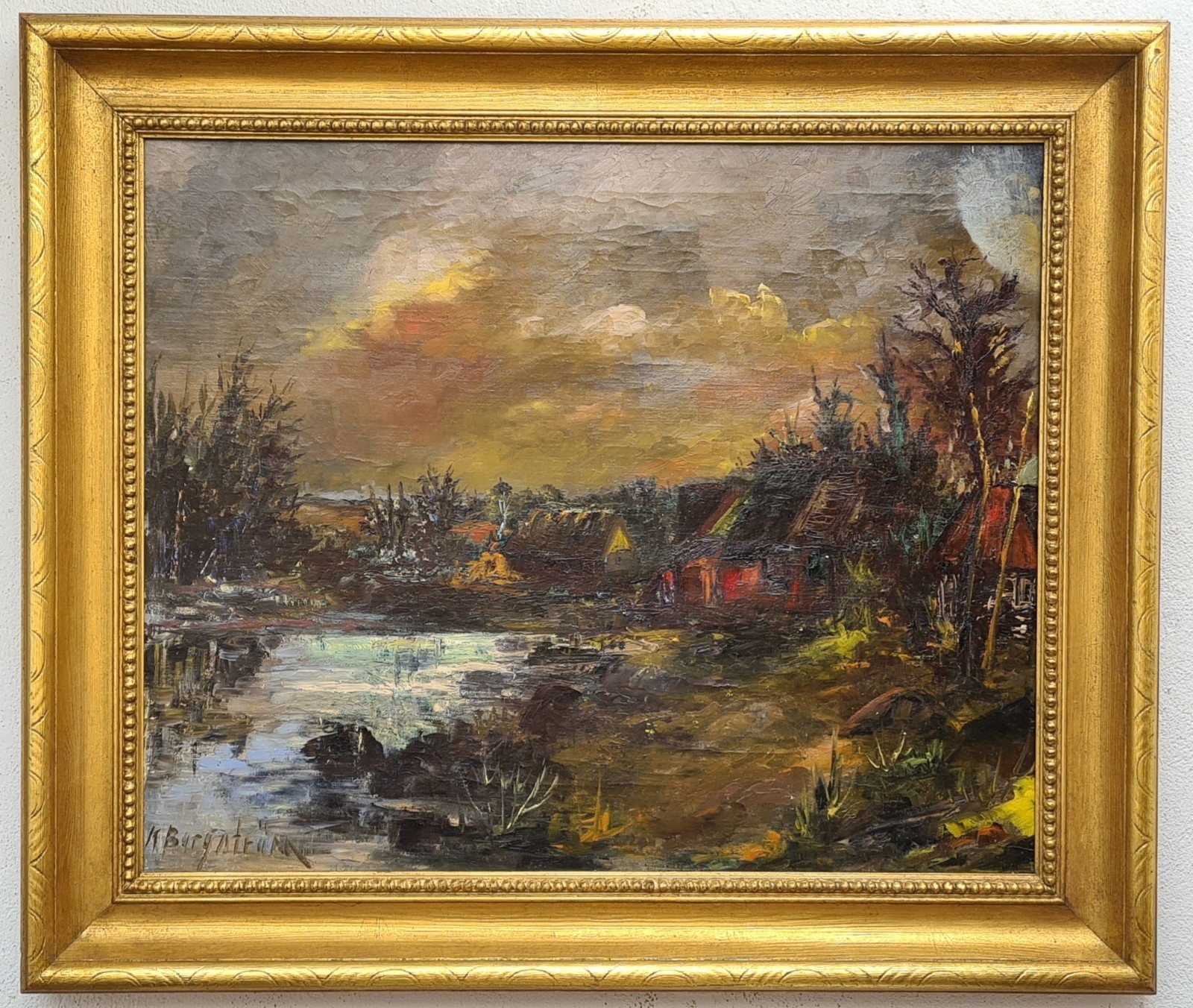 No.: 375 oil painting artwork with frame picture painting oil painting village lake forest