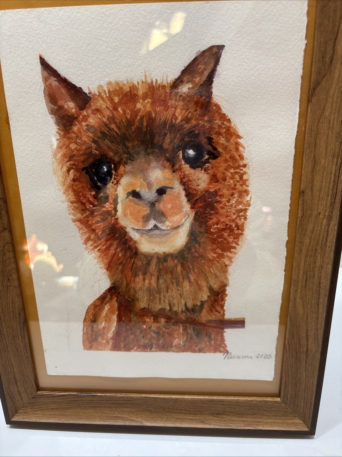 Original Water colored Painting of Alpaca Smiling. Wooden Frame.