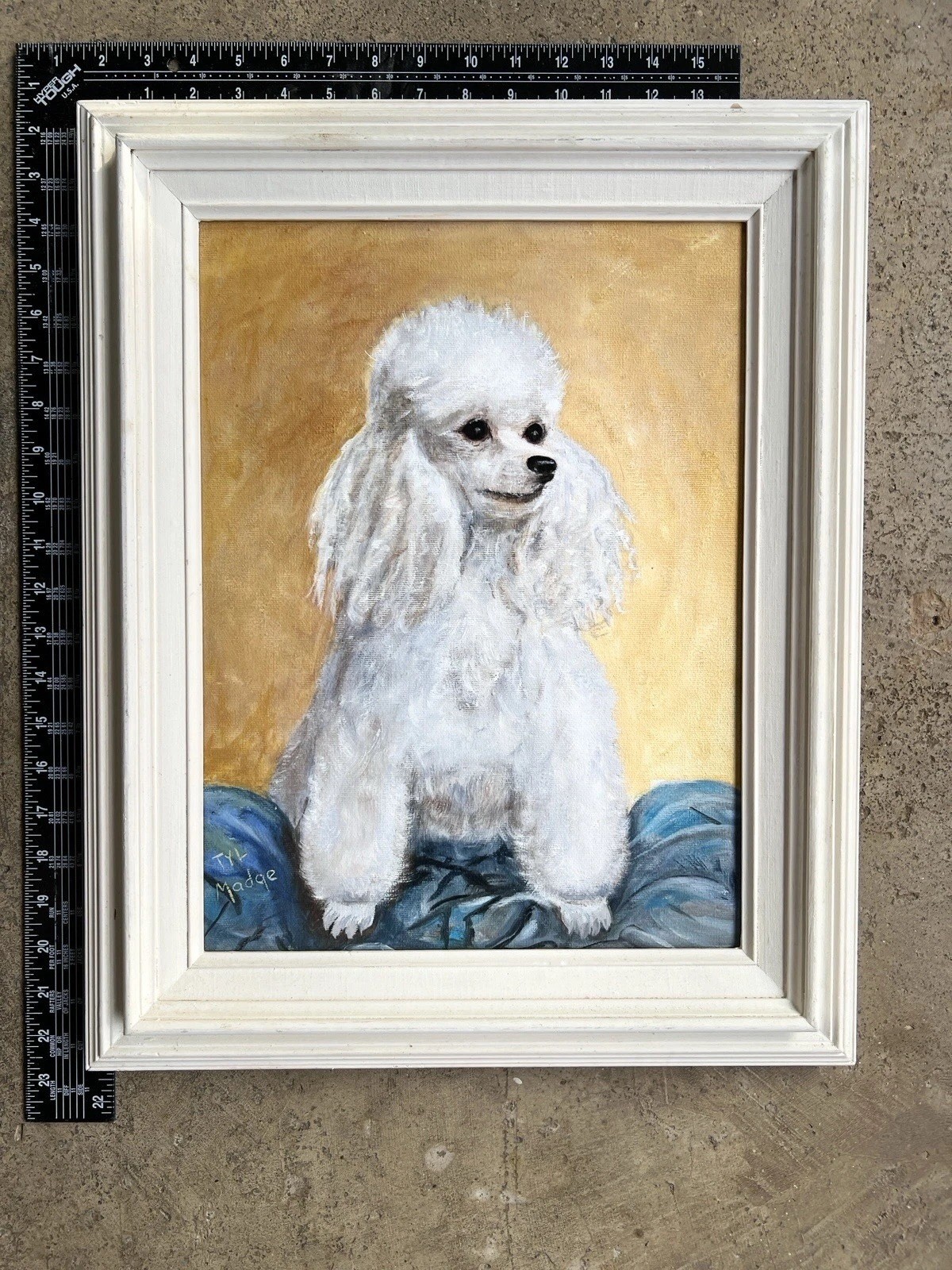 Original Painting White Portrait Poodle Dog Portrait OOAK Vintage Framed Art