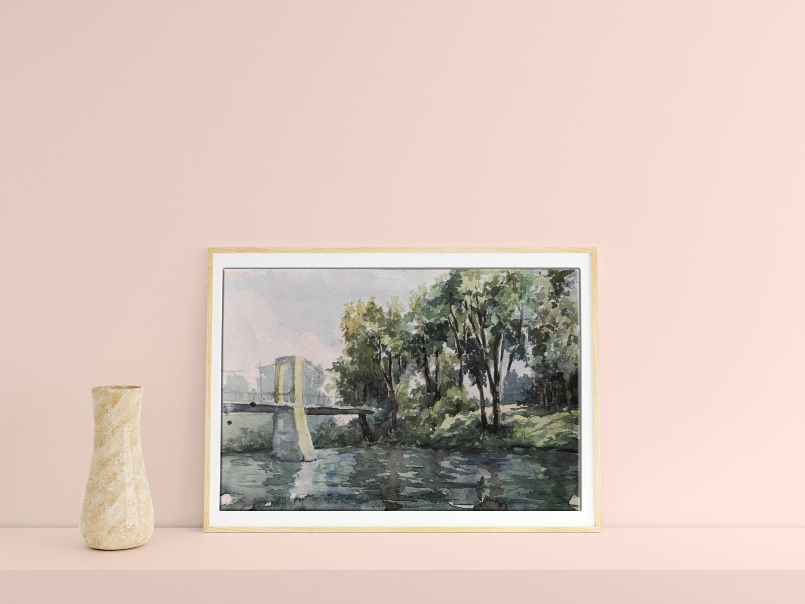 Watercolor Painting City Bridge Robets D. Unframed Original Decor Art nAAA2258