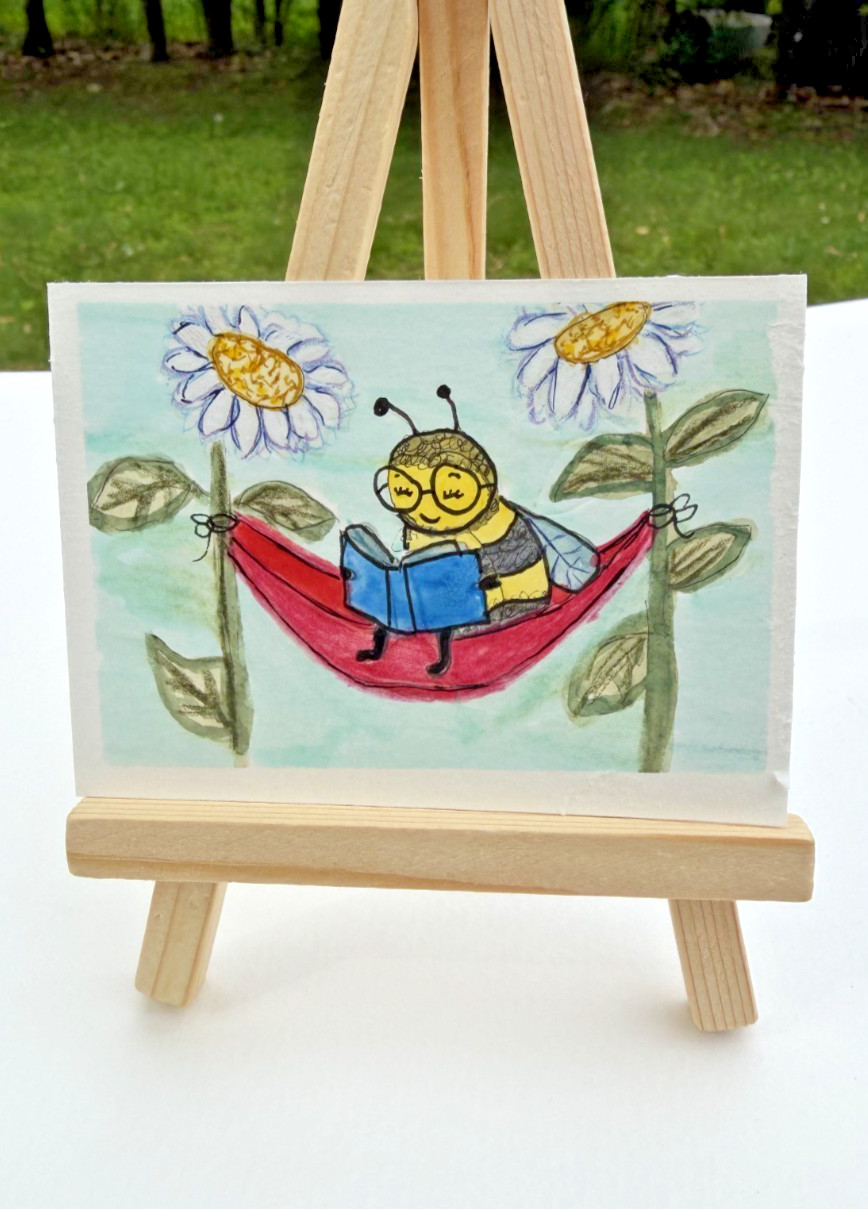 Original ACEO Watercolor Painting Bumblebee Reading Book Bug Hammock Bookish Bee