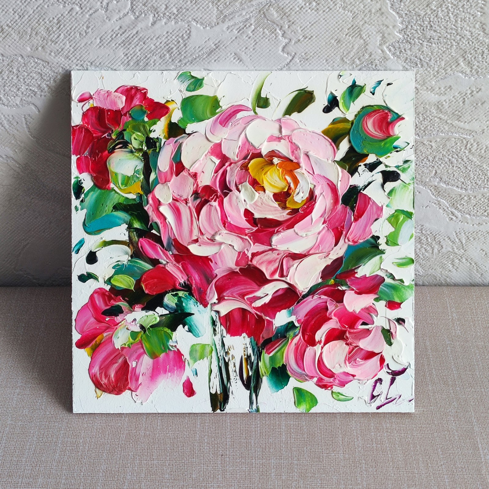 original oil painting Rose pink flowers artwork Floral small wall art 6*6 inch