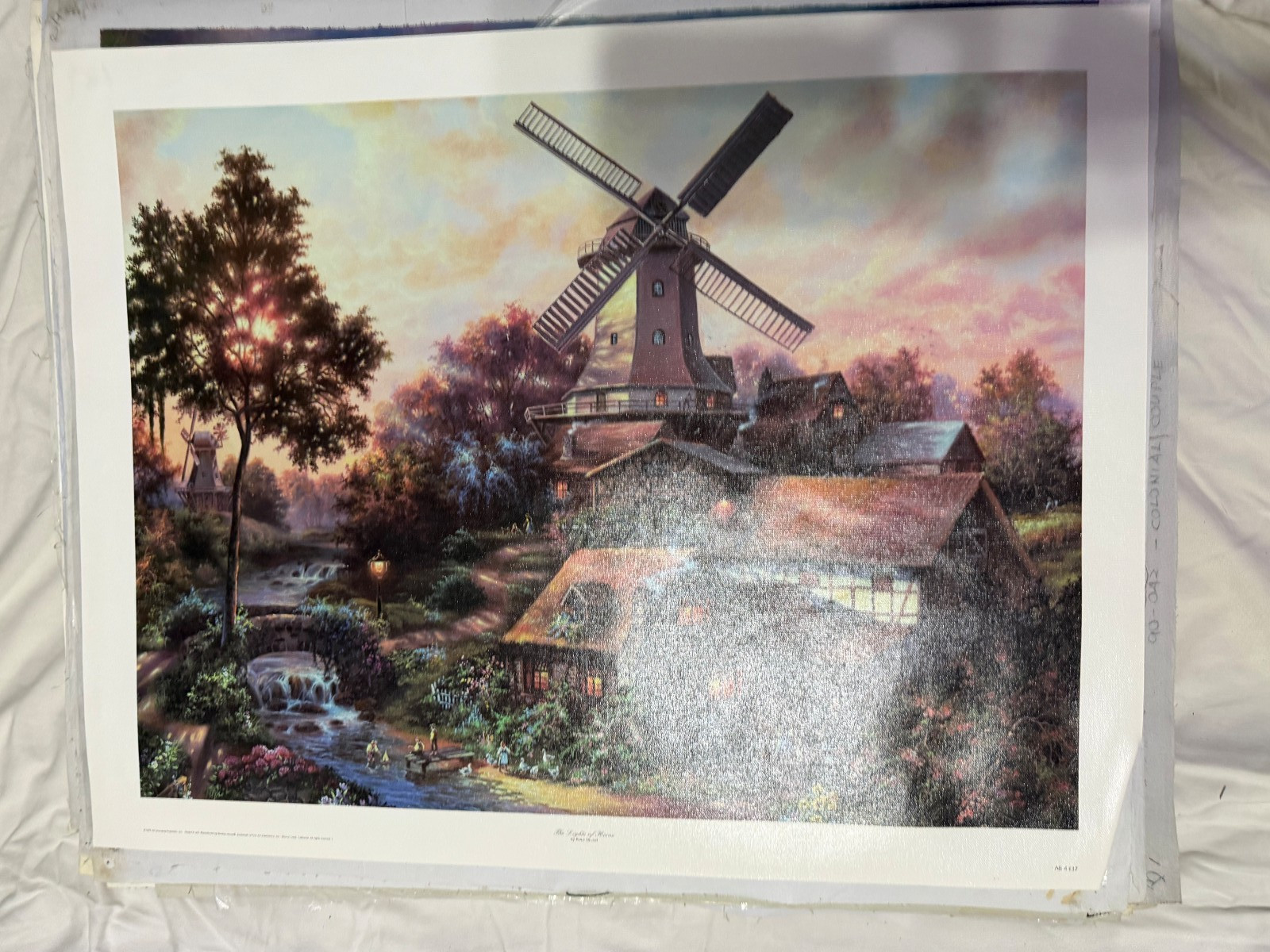 Original Windmill Cottage Landscape Oil Painting Print Vintage Rustic Art