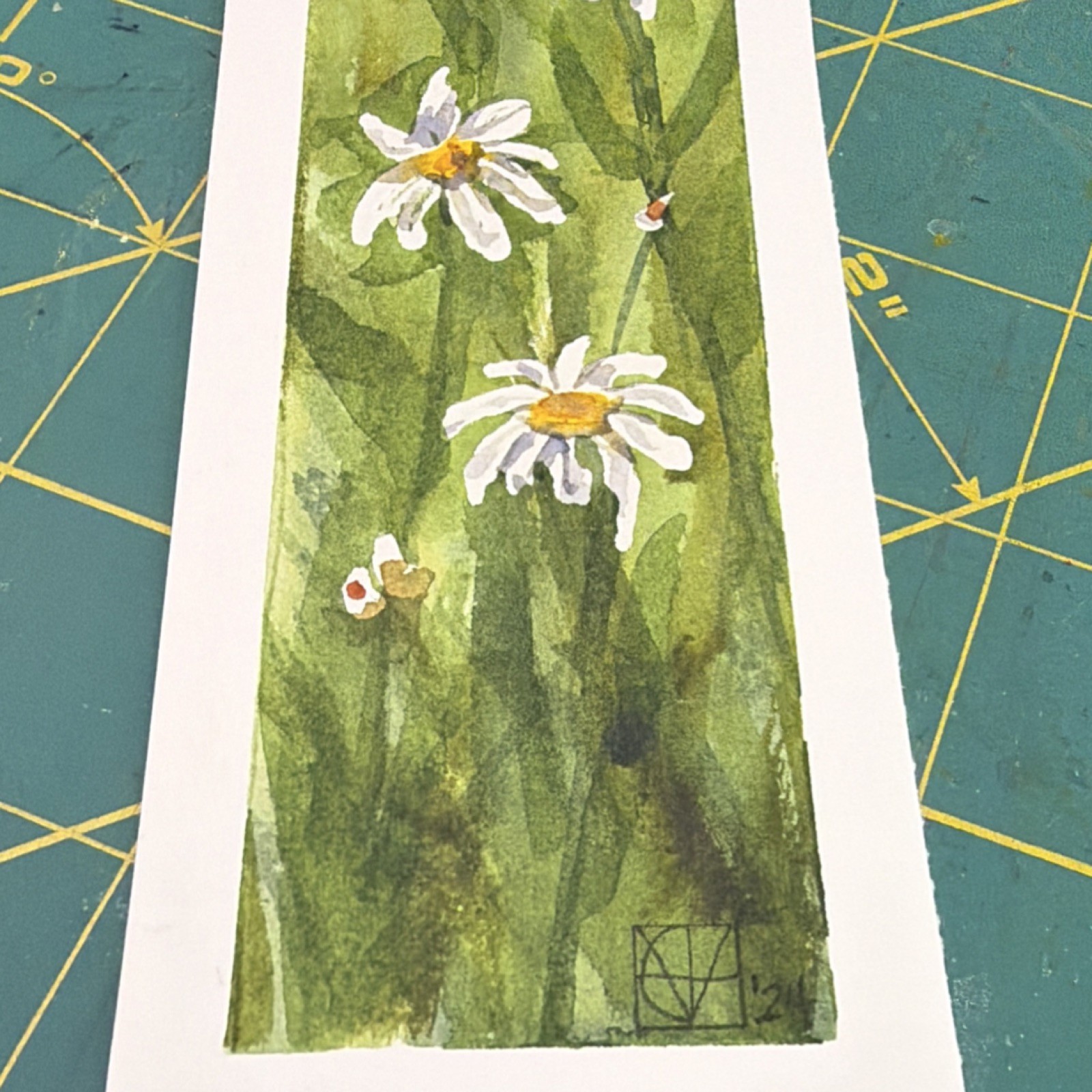 M. Hackney Original Watercolor Daisy Flower Painting Bookmark 2×9 Signed OOAK