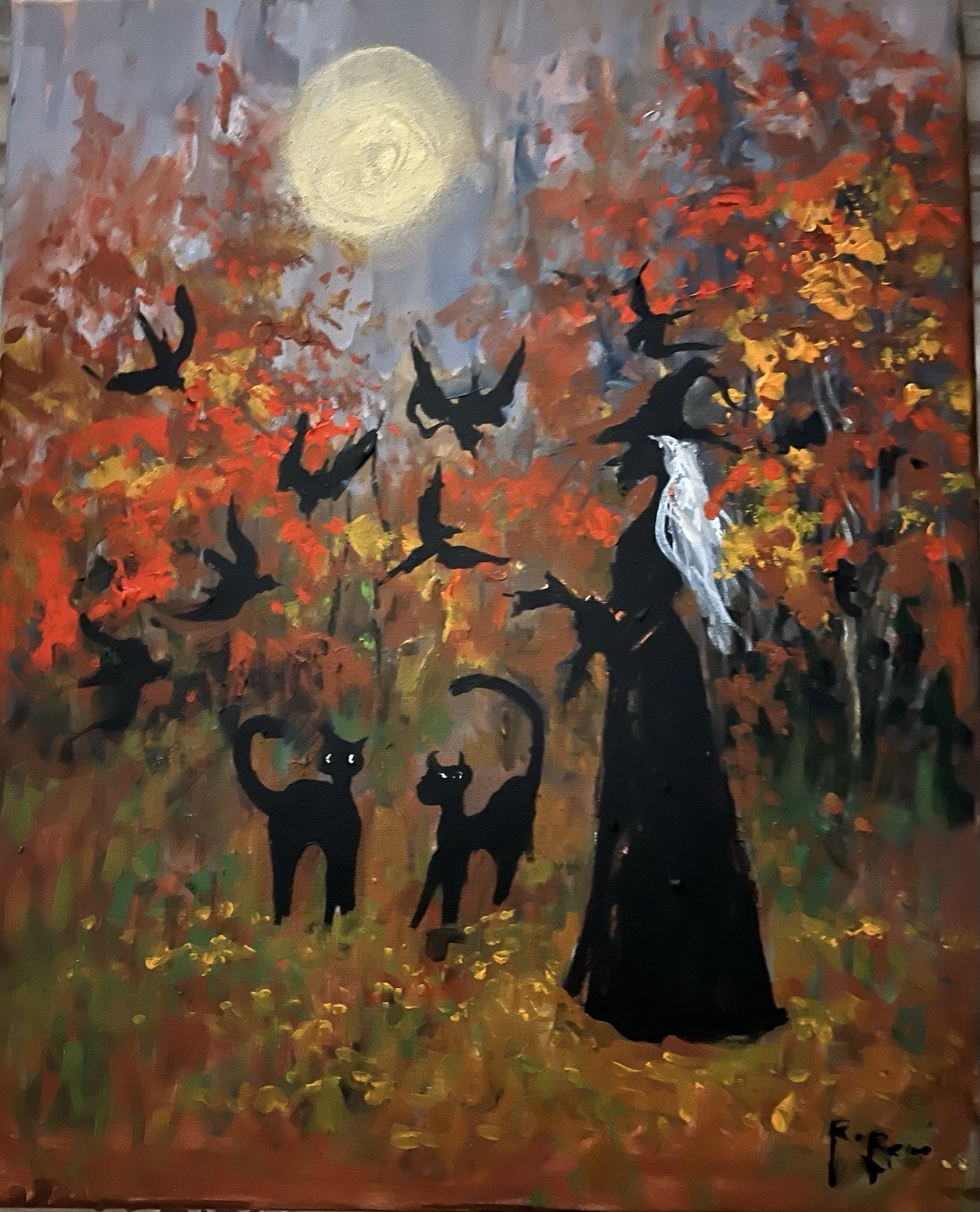 Halloween 16″ x 20″ Orig Oil Painting On Canvas R. Reno Witch Black Cats Moon