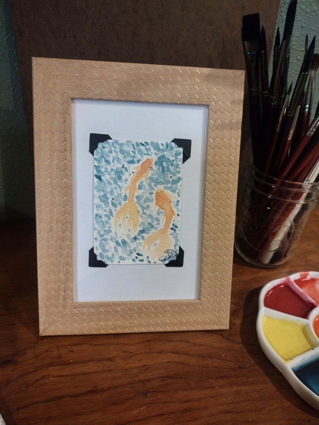 Original Watercolor ACEO, «Twin Flames», In the Koi Pond, signed