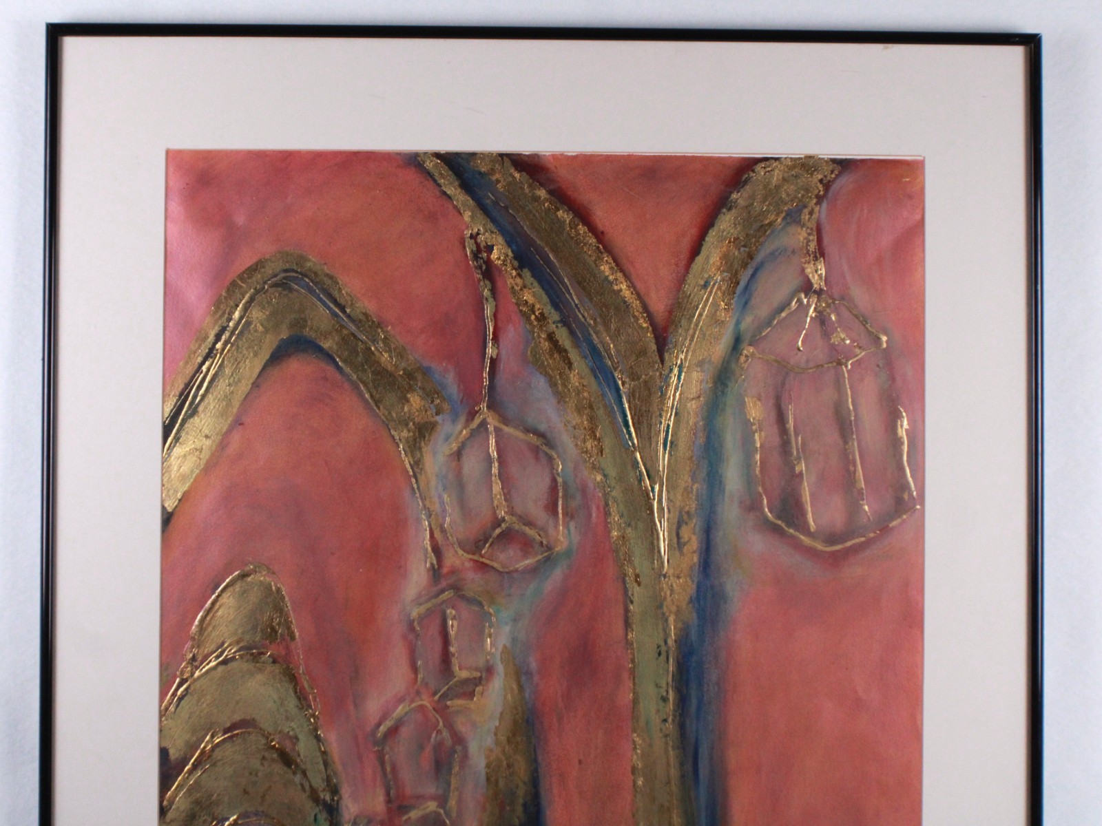 Mid Century Red And Gold Abstract Mixed Media Painting Signed Nail