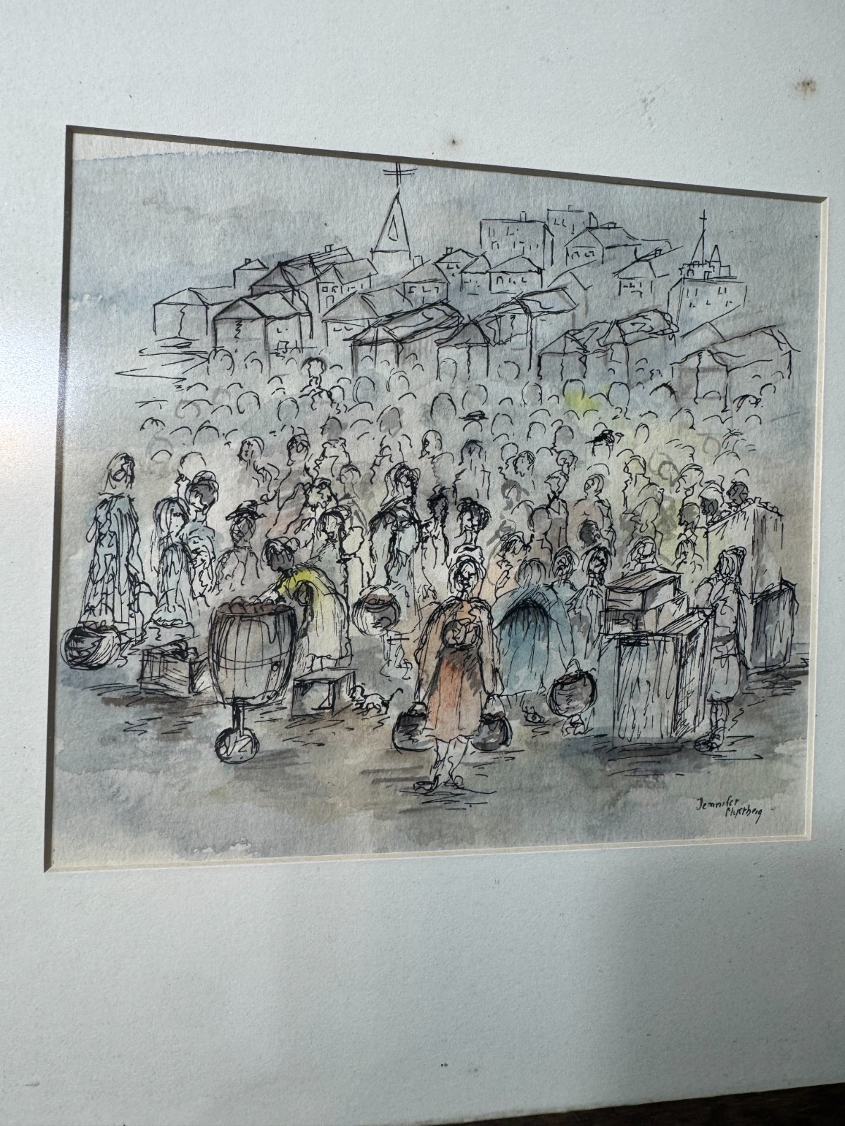 Jennifer Myerberg «Many Figures Scene» Pen, Ink And Watercolor Painting – Framed