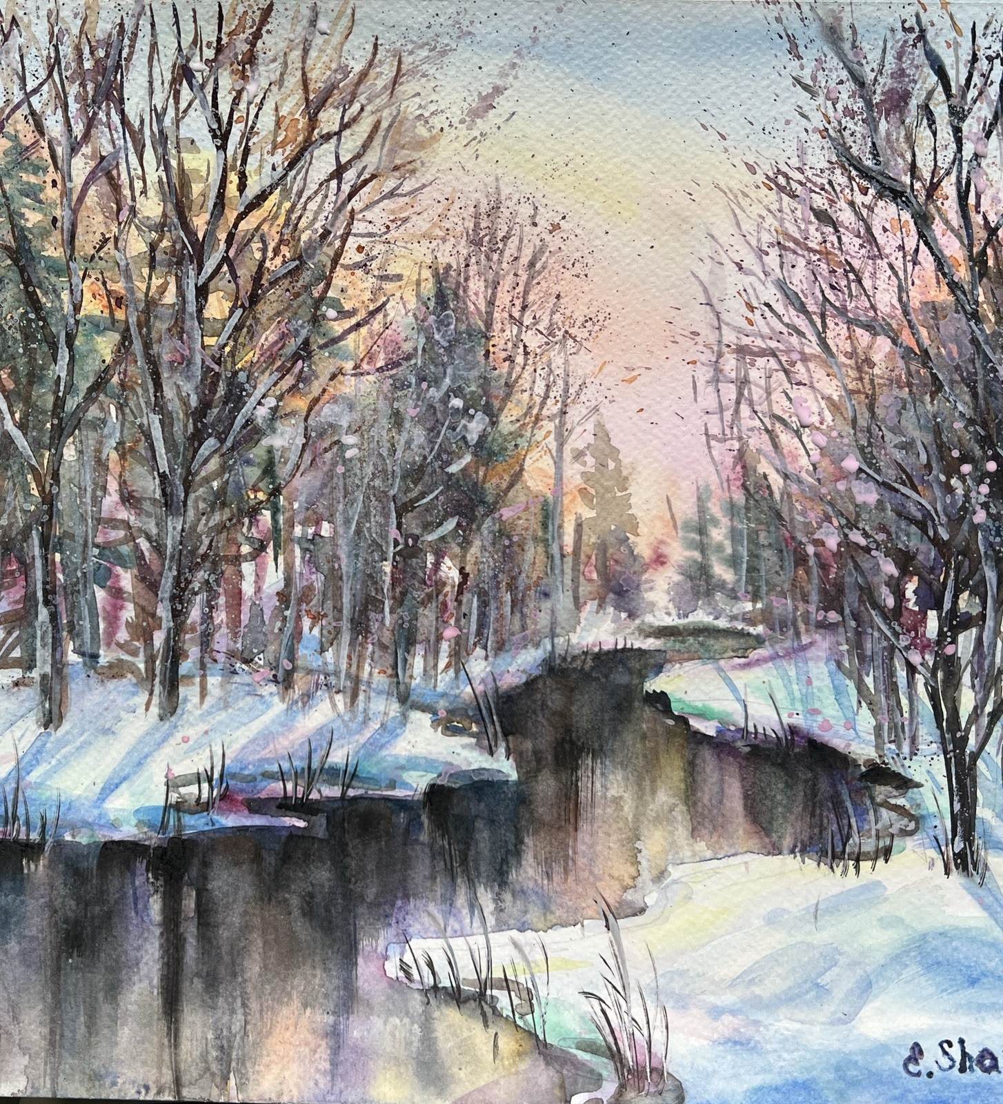 Hand Painted Winter Forest Landscape Watercolor Painting 11×14 Wall Art