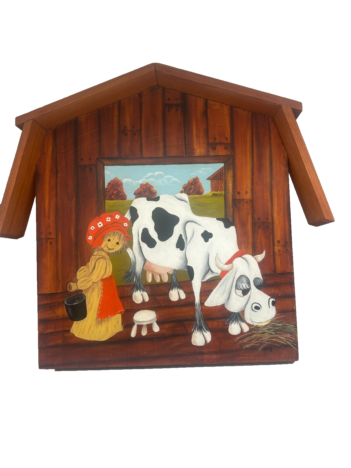 Tole Painting Hand Painted on Wood Signed Milk Cow Barn Vintage Folk Art