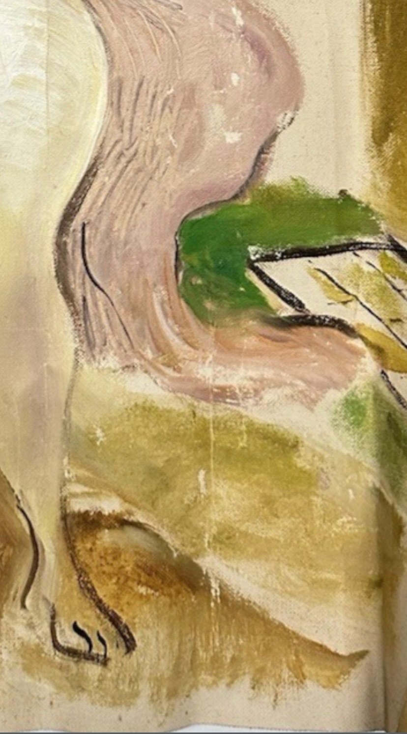 Expressionist Figurative Painting On Raw Canvas Unsigned Nude Seated Woman Muted