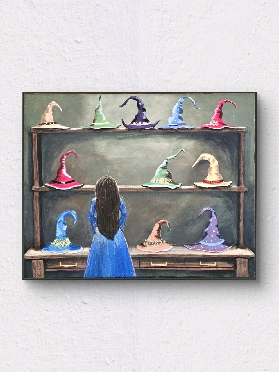 Whimsical Fantasy Art Magical Girl Cottagecore Wall Witch Hat Original Painting