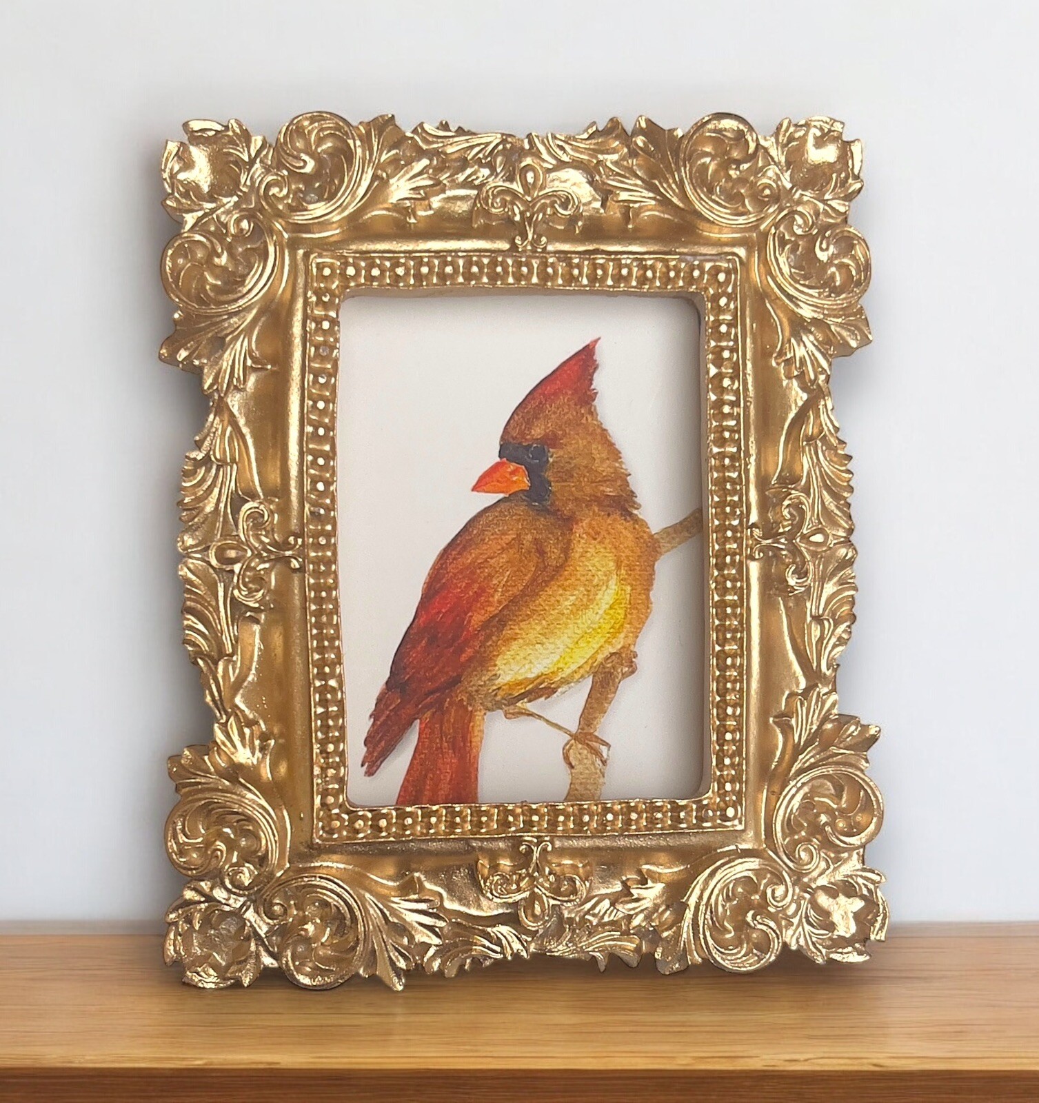 Cardinal bird watercolor print of original painting, mini gold ornate frame