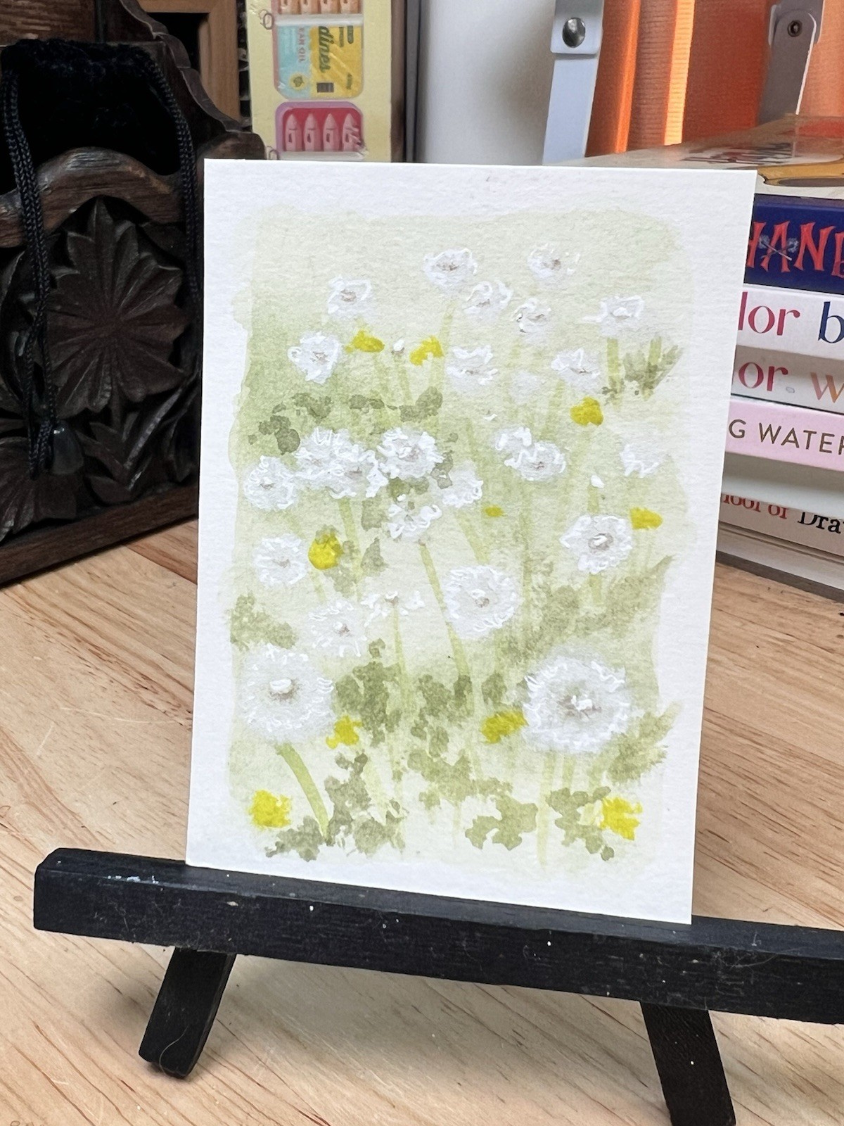 ACEO/ATC Original Painting 2.5 x 3.5 In., Watercolor Gouache Dandelion Soft Puff
