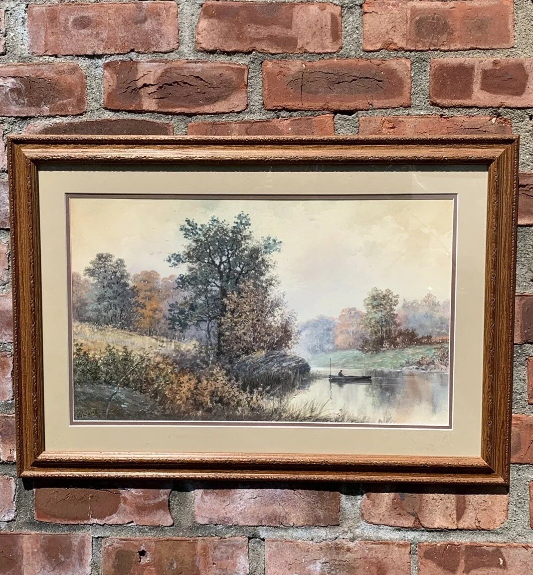 C1900 Catskills New York Landscape With Fisherman W/C Signed. Milton H Lowell