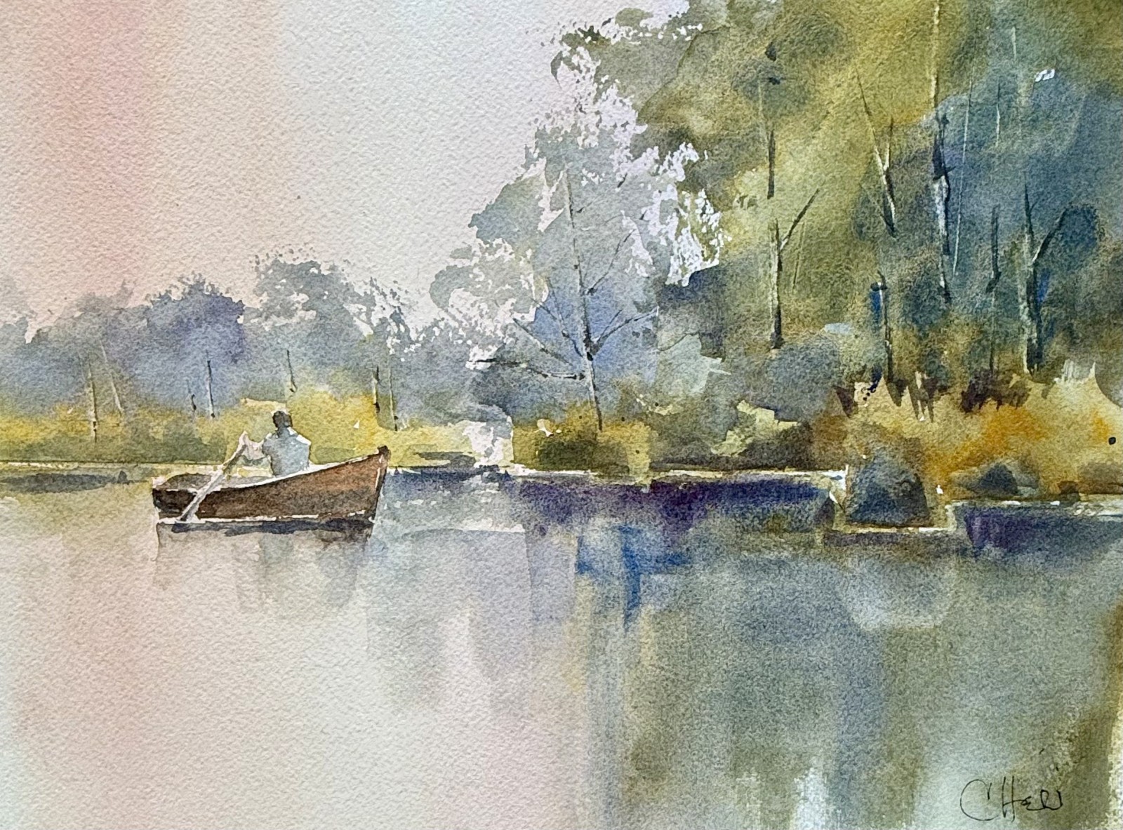 Original Signed Watercolor Painting Fishing