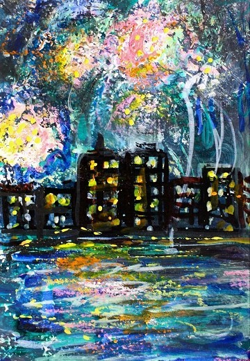 ACEO Original Painting FIREWORKS Summer CITY Buildings Ocean Boats Lights ART