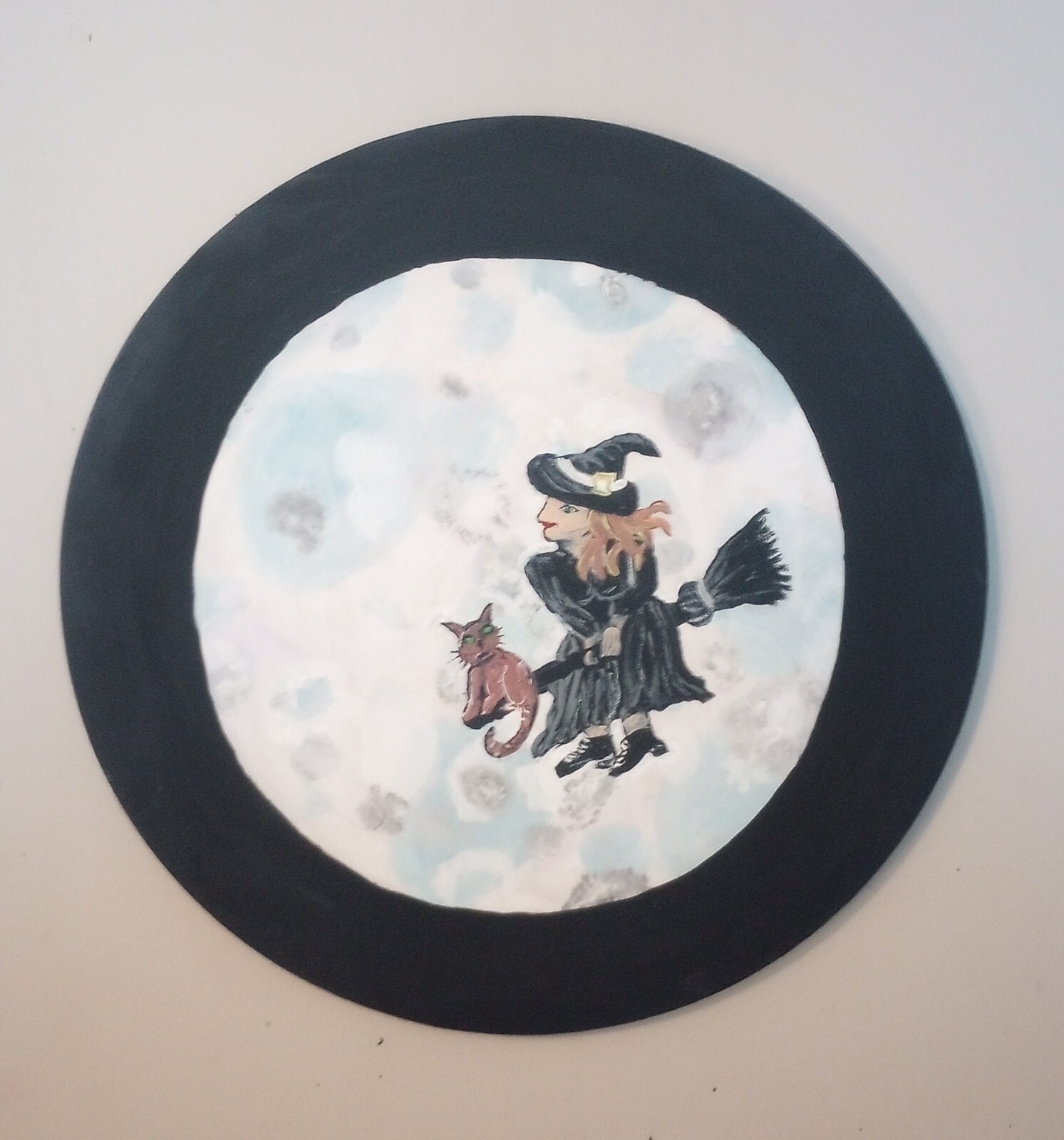 FOLK ART moon Witch Broom cat original PAINTING wellknown Artist 16in HALLOWEEN
