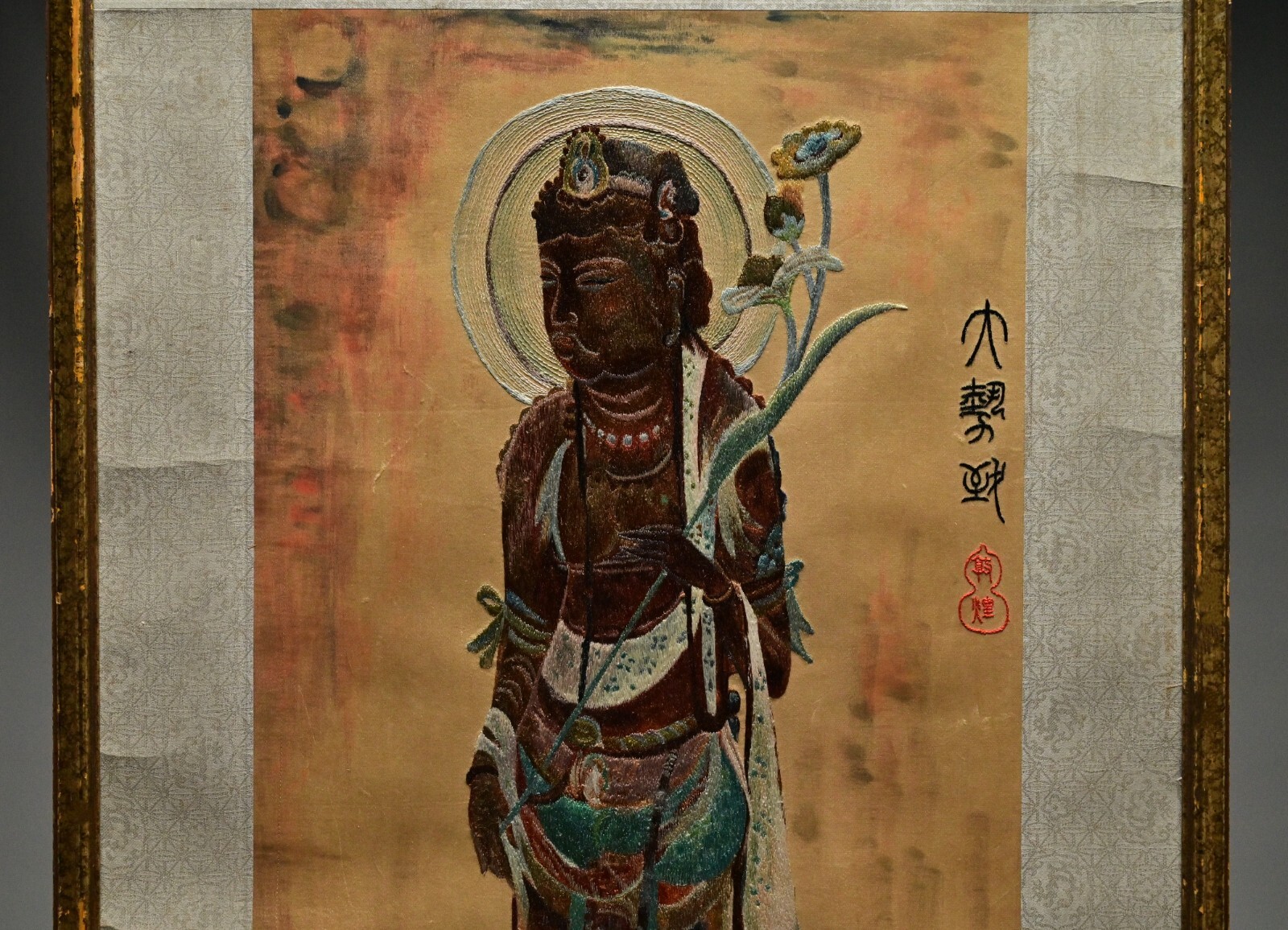 Chinese Antique Original Vintage Signed Asian Buddha Silk Scroll Brush Painting