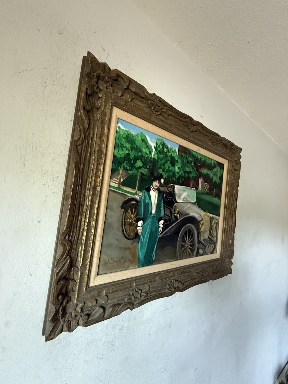 JAMES SHAVER ANTIQUE FIGURATIVE AUTOMOBILE LANDSCAPE OIL PAINTING VINTAGE CAR 40