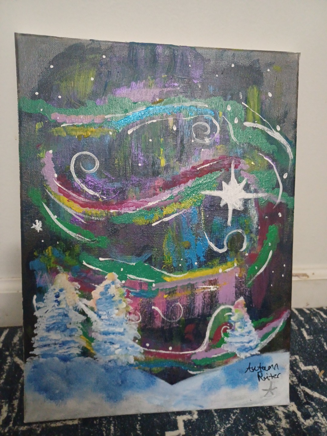 art work painting Northern Lights Aurora Borealis Snow Christmas Stars Signed