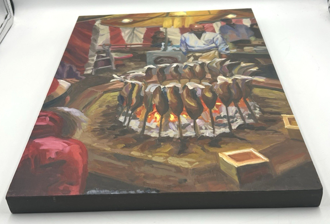 Orig Expressionist Fish Market Oil Painting 12×18 Wood Panel Art Asian Street