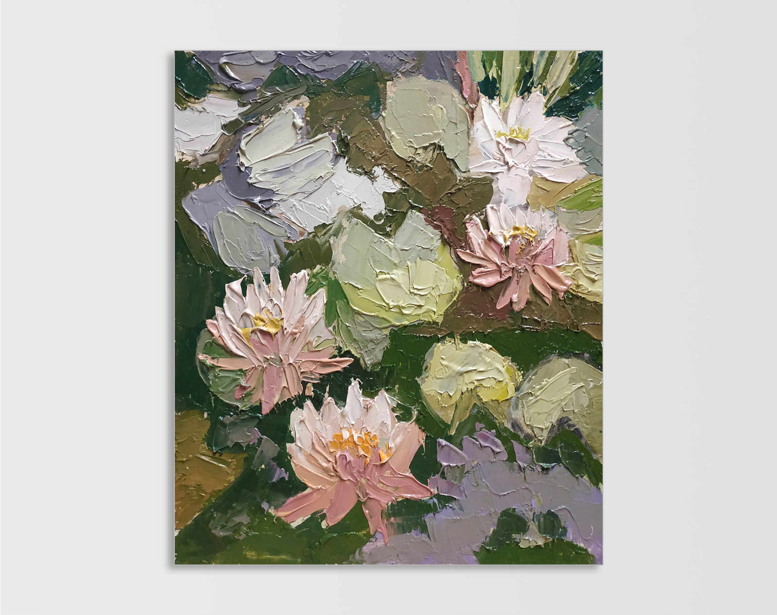 Original Art Work Landscape oil painting Pond Lotus Floral Wall art 10 x12 in