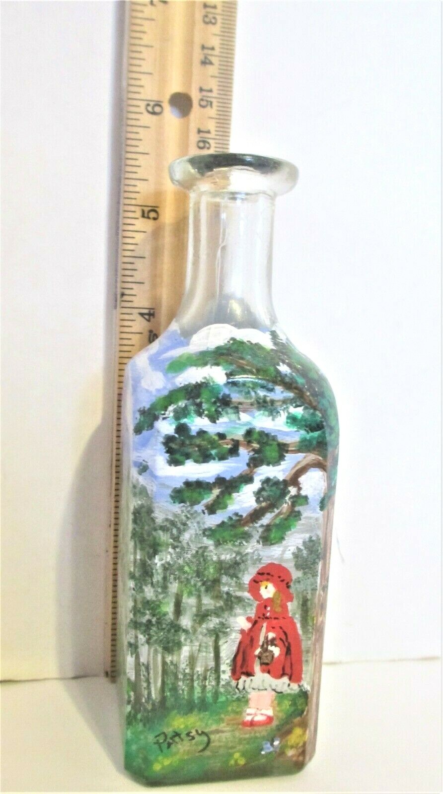 UNIQUE Handpainted Artist Signed Square 5″ GLASS BOTTLE Red Riding Hood Scenes