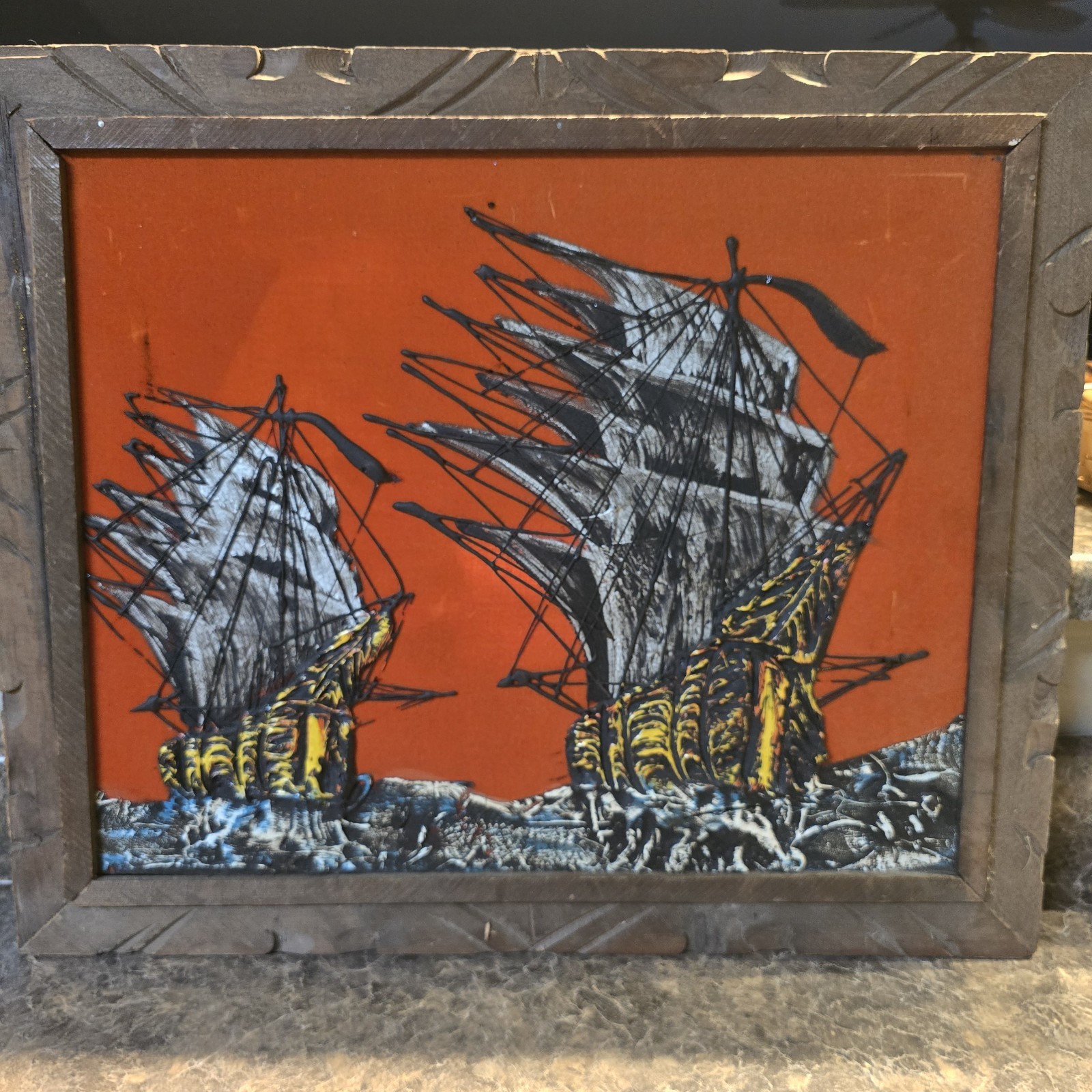 Vintage Textured Sail-Ship Wall Art on Orange Canvas, Mid-Century Framed…