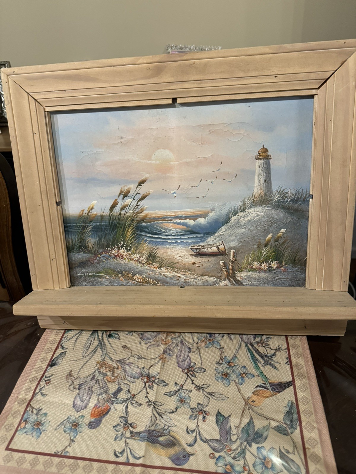 Vintage Coastal Lighthouse Seascape Oil Painting Signed Lorenz 20x 16 W/ shelfS