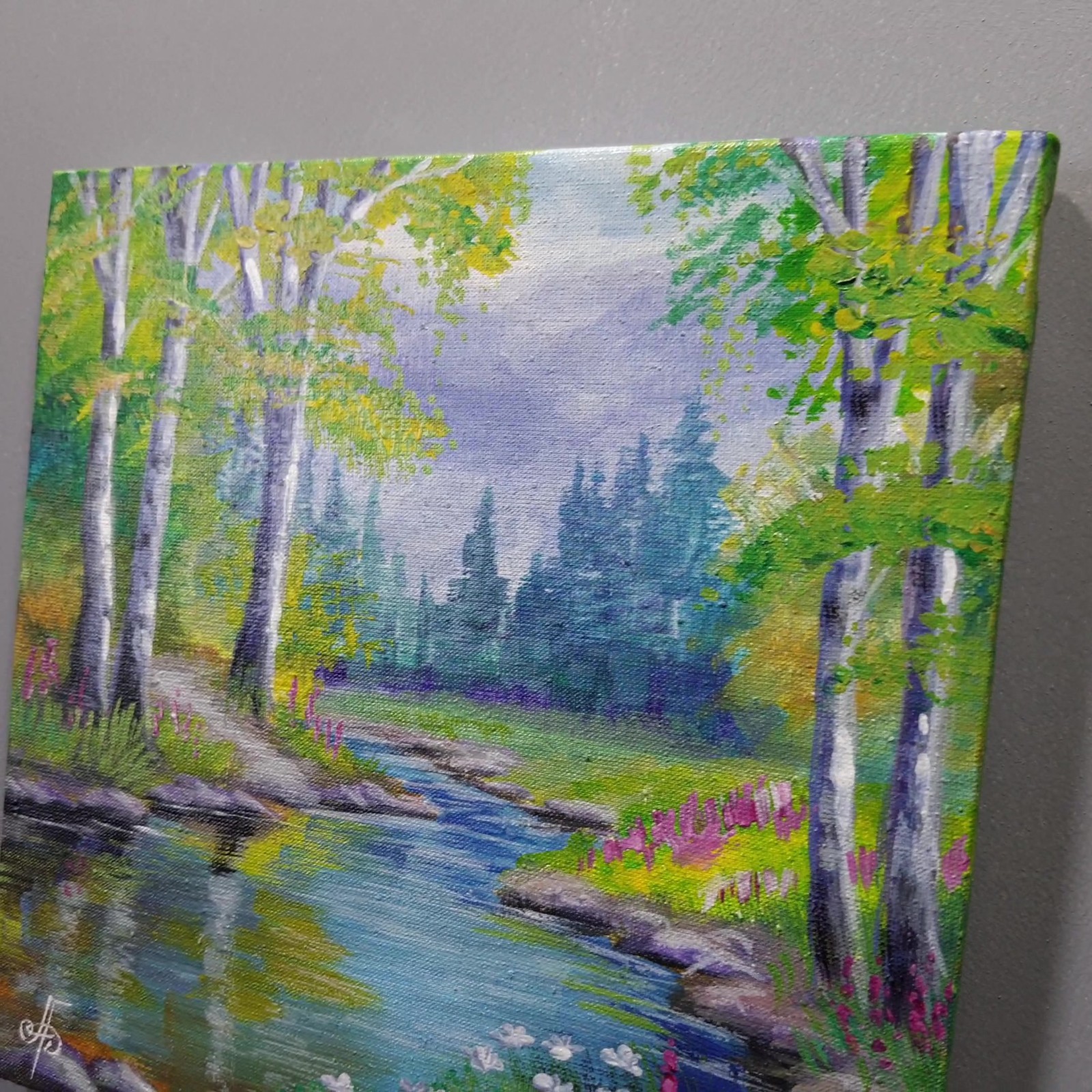 Summer Peace Landscape Acrylic Painting River Forest Nature Canvas Artwork 8×8