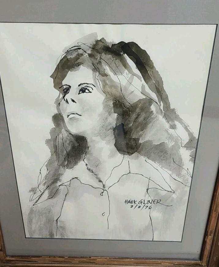 Vintage Hank Glover 76 Charcoal Drawing Woman Portrait 13×9″ Photo 16×15″ Frame