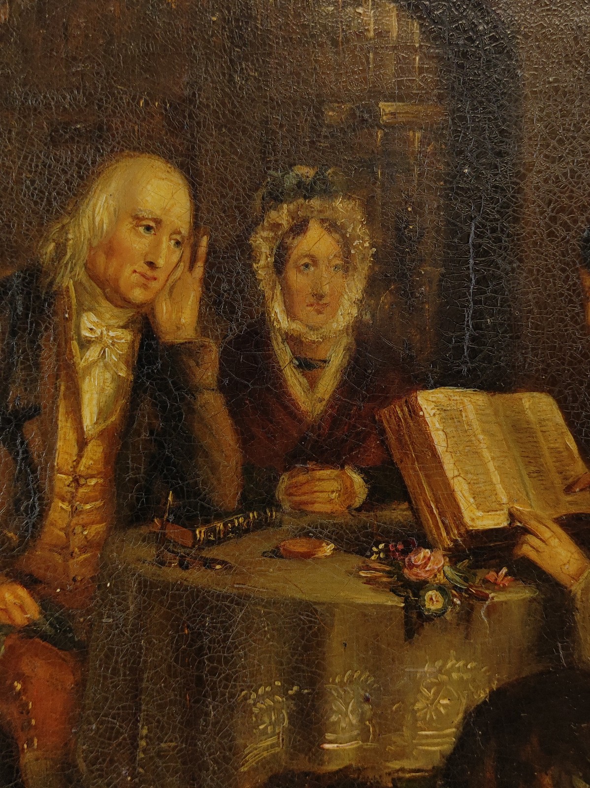 ANTIQUE 19TH C. INTERIOR GENRE SCHOOL OIL PAINTING ON CANVAS, «SUNDAY EVENING».