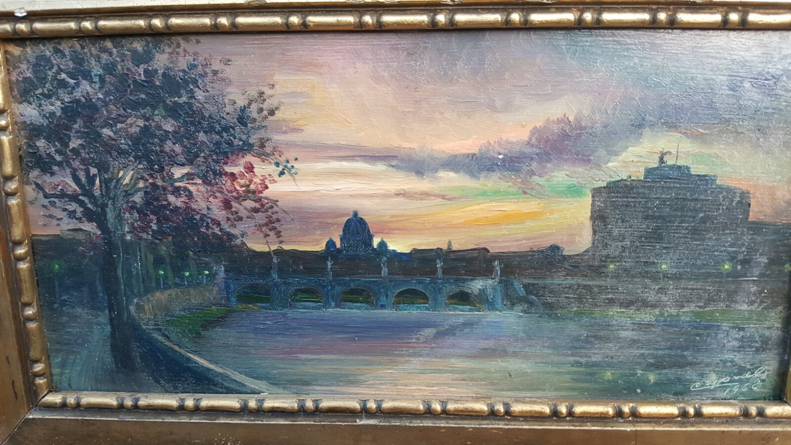 Painting Cathedral St Peter’s Basilica Tiber River Italy Signed? 1962