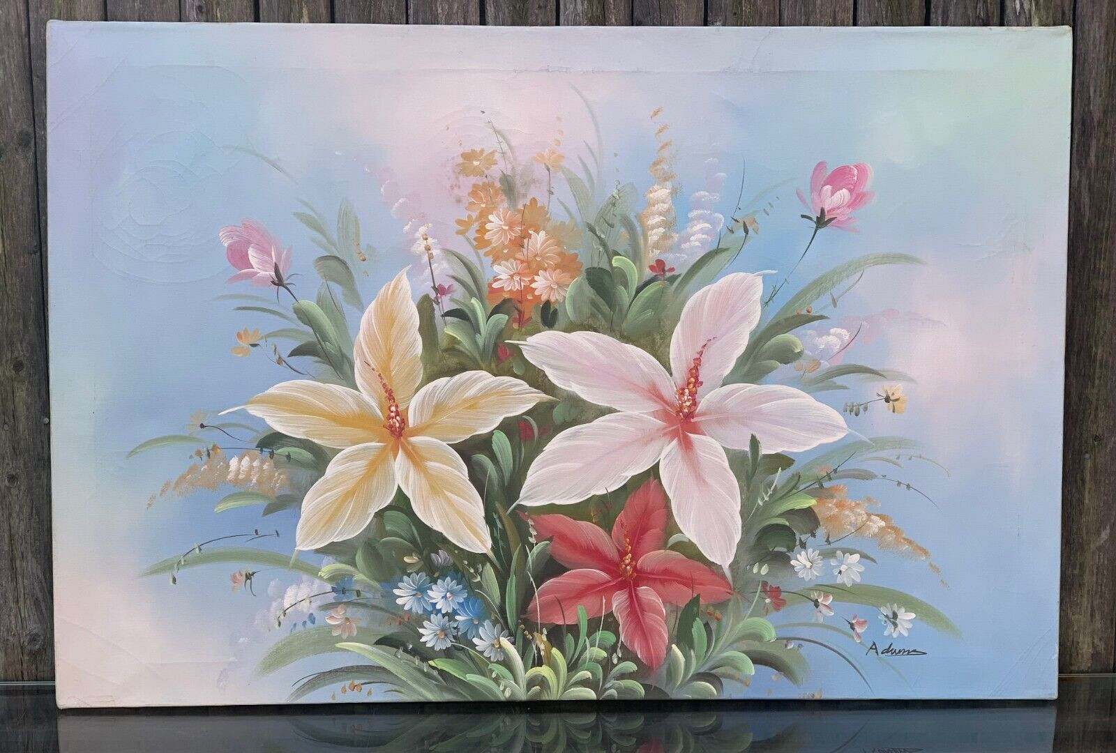 ADAMS FLORAL PAINTING HAWAII HAWAIIAN STYLE TROPICAL FLOWERS 24″ X 36″ AGE LINES