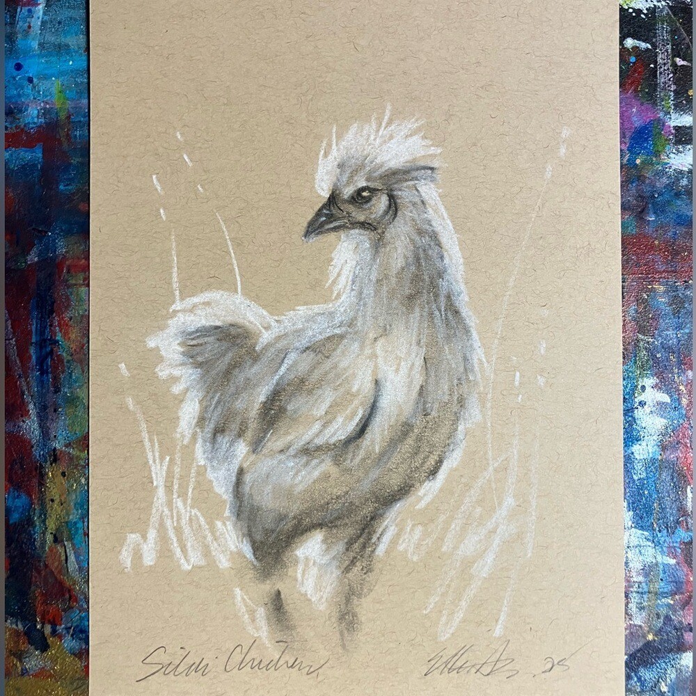 Original Silky Chicken Painting Bird charcoal pastel Art farm decor By Artettina