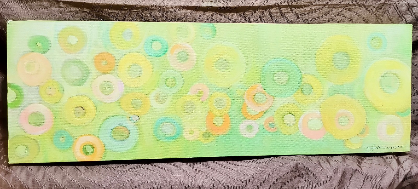Stretched Canvas Painting Colorful Circles floating on Green aprox 28x8x2