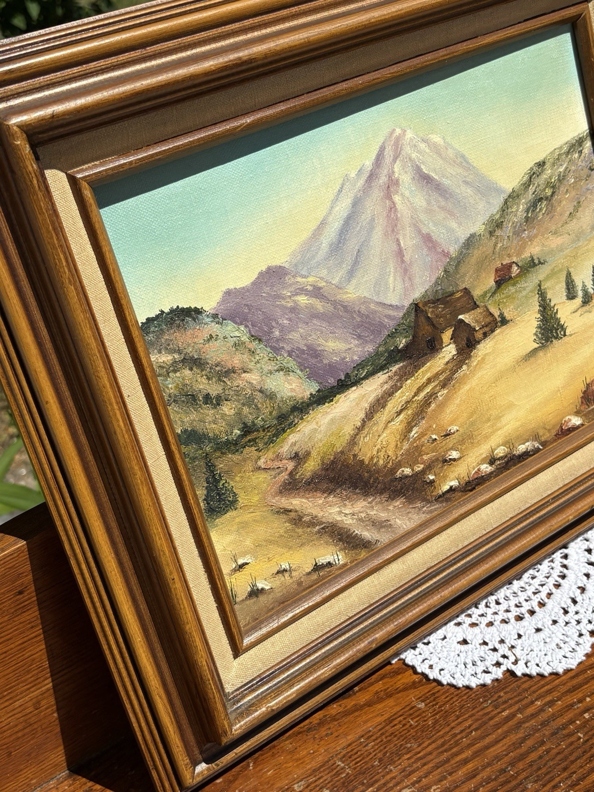 Vtg Mountain Landscape Oil Painting Rustic Cabin Decor Wood Frame Linen Lined
