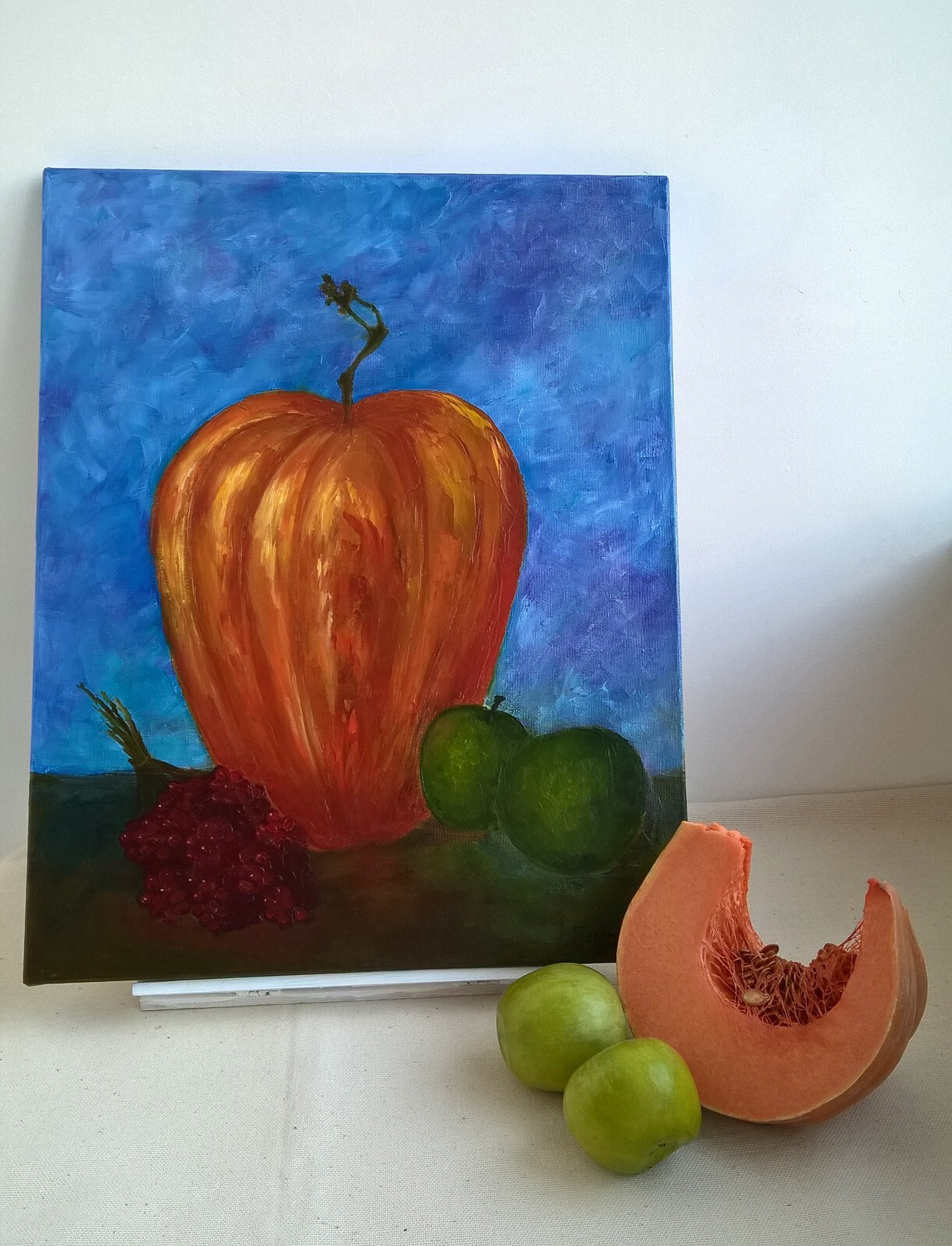 Original oil Painting with a pumpkin, green apples, and a sprig of viburnum