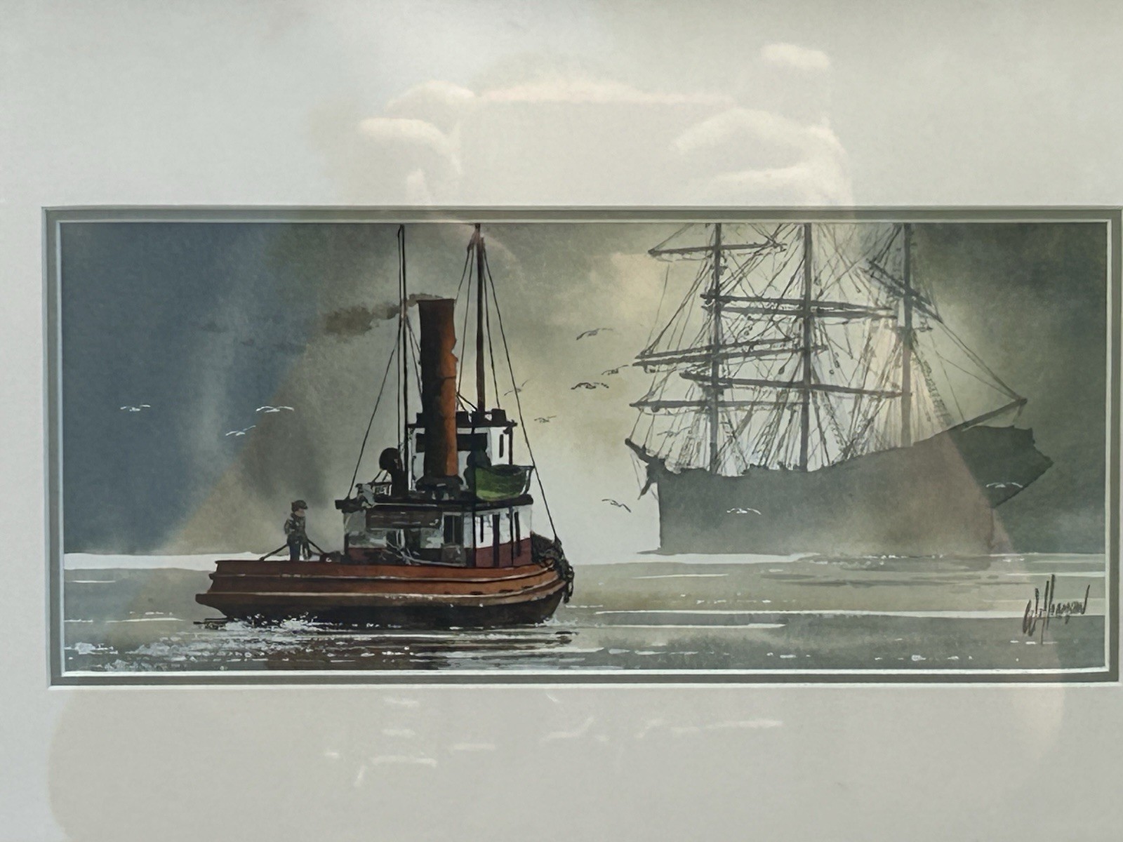 James R. Williamson Signed Framed Original Painting «Tugboat Dawn» 2009 Nautical