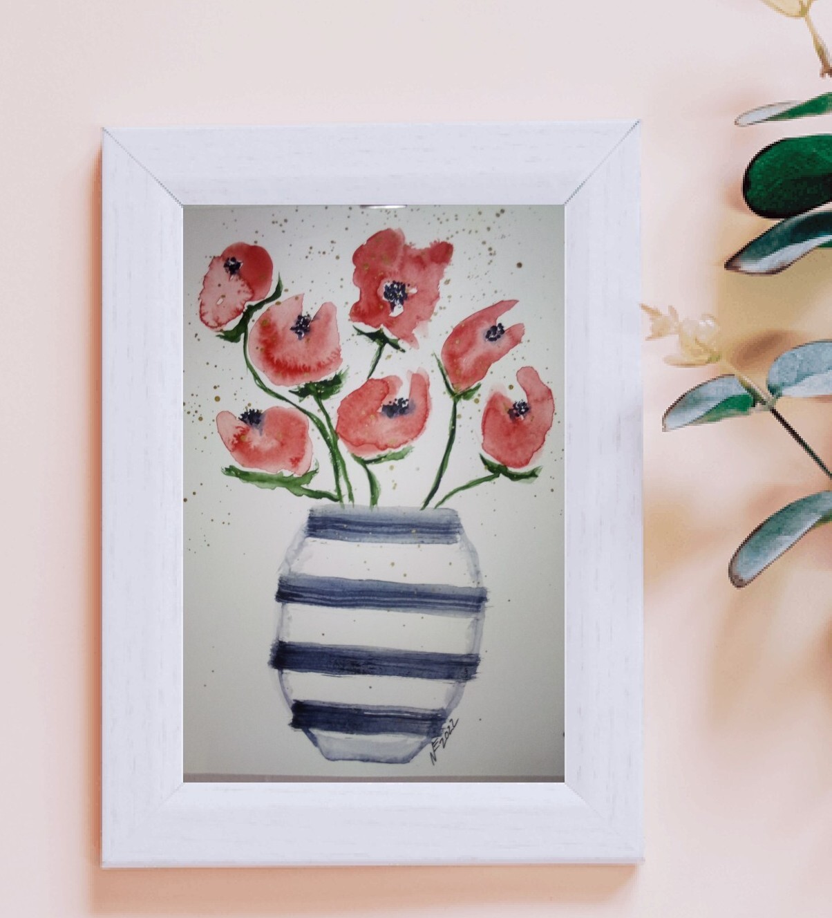 8×10 watercolor original painting botanical flower tulip floral poppy rose vase
