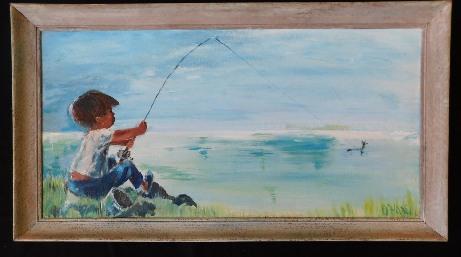 1950’s Figurative impressionist oil painting BOY FISHING Marilynn O’hare LISTED