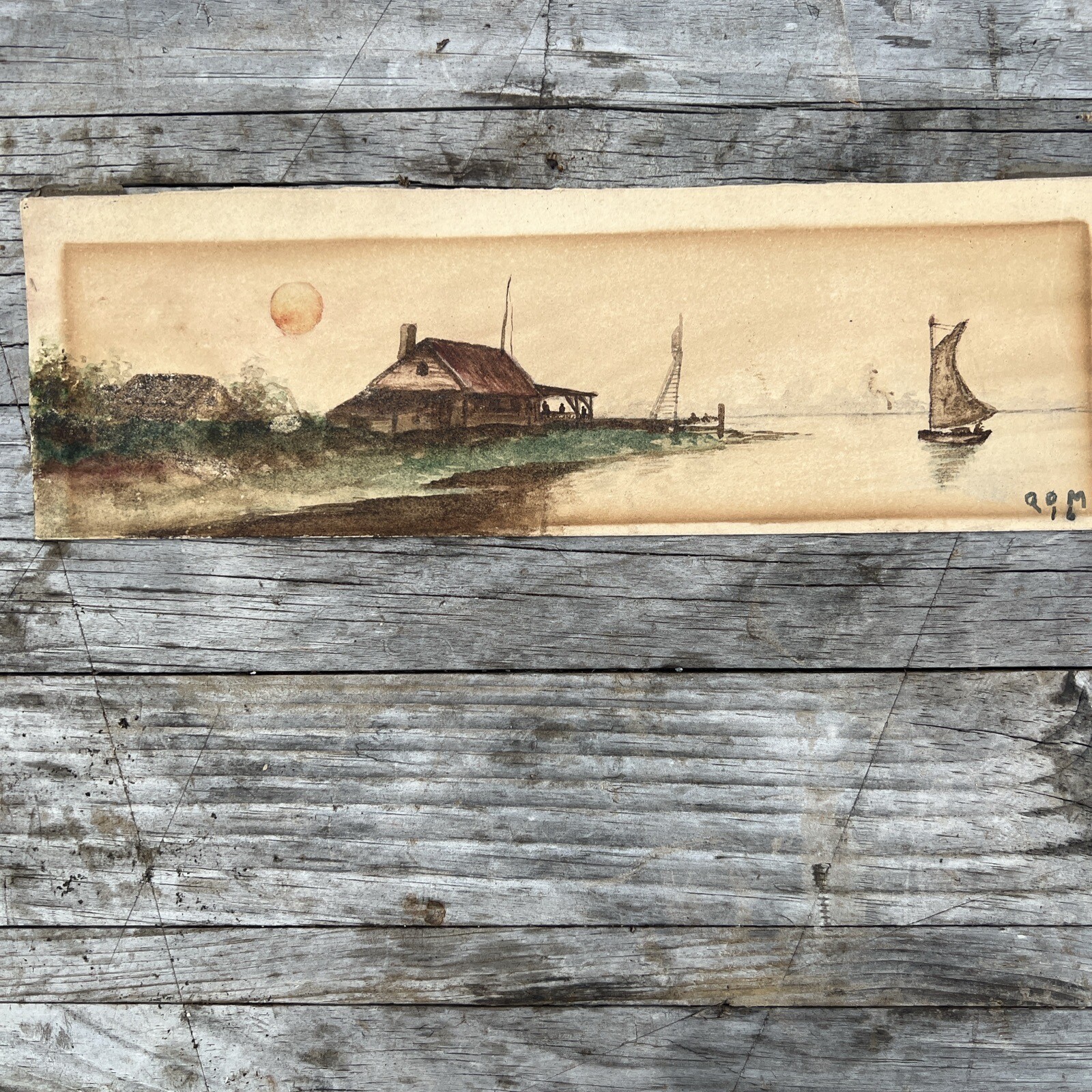 Watercolor on Paper signed dated 1916 house on Bay boat 11″ x 3 1/2″