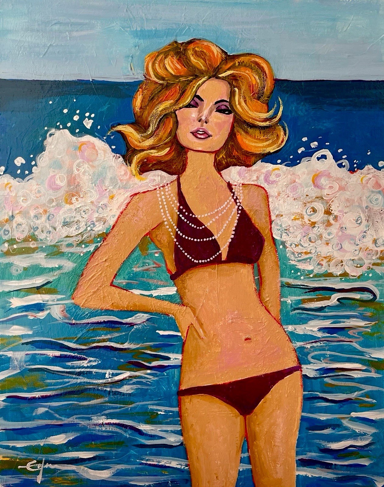 Acrylic Painting Malibu Beach Girl 1970s Illustration Original Pop Art edenart