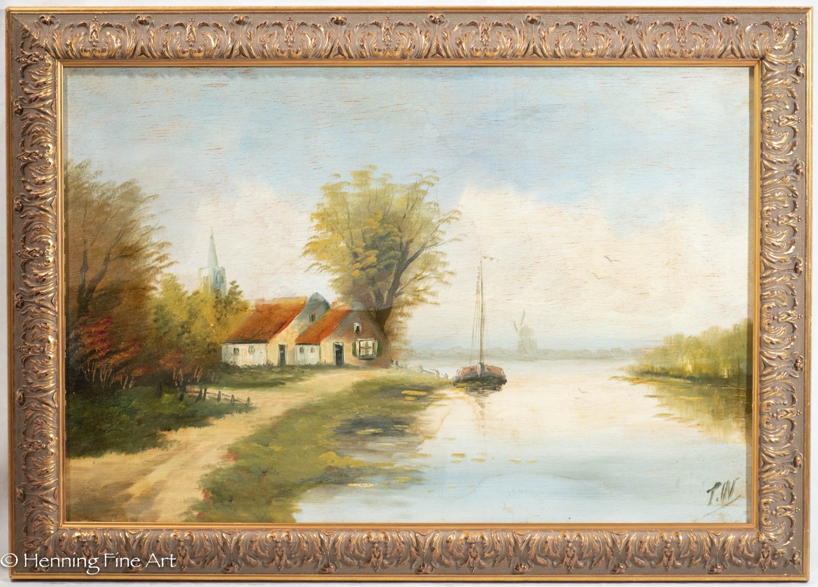 Antique / Vintage Oil Painting of Dutch River Landscape with Windmill, 20 x 27″