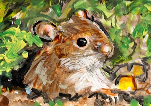 ORIGINAL ACEO Painting Field Mouse Spring Flower Animal Nature mice ATC ART