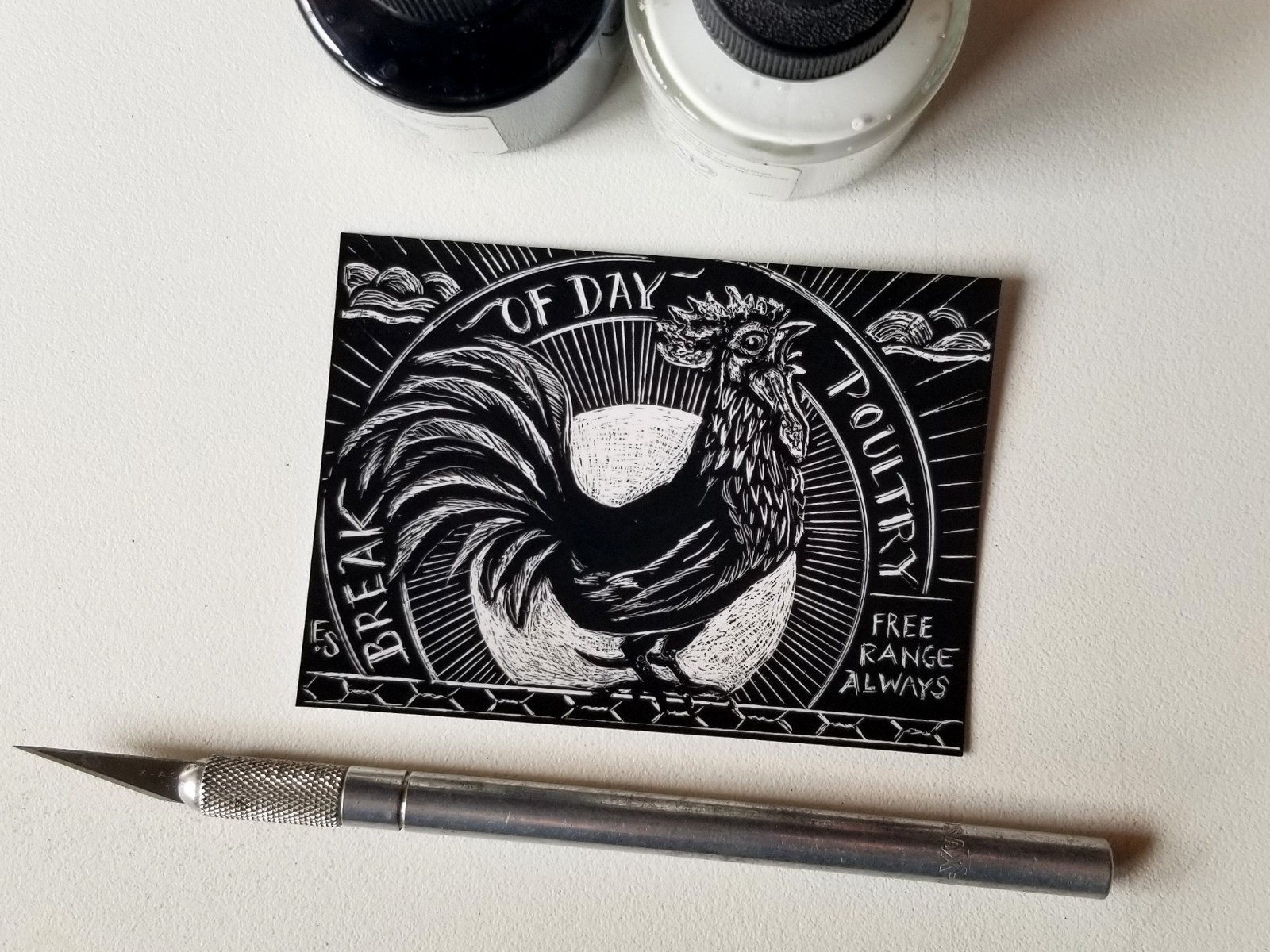 Rooster Chicken Original ACEO Scratchboard Art Card bird aznative68