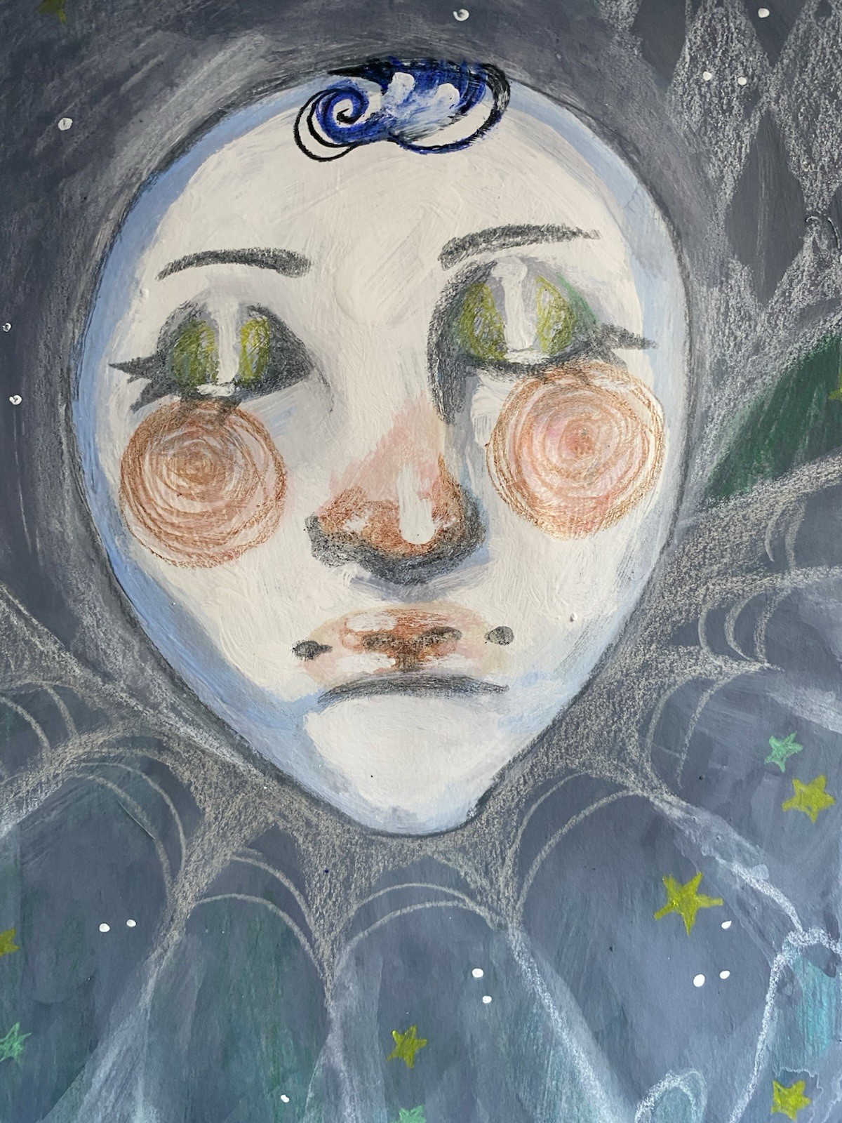 Dark Green And Gray Jester Clown Fantasy Painting On 9×12 Watercolor Paper