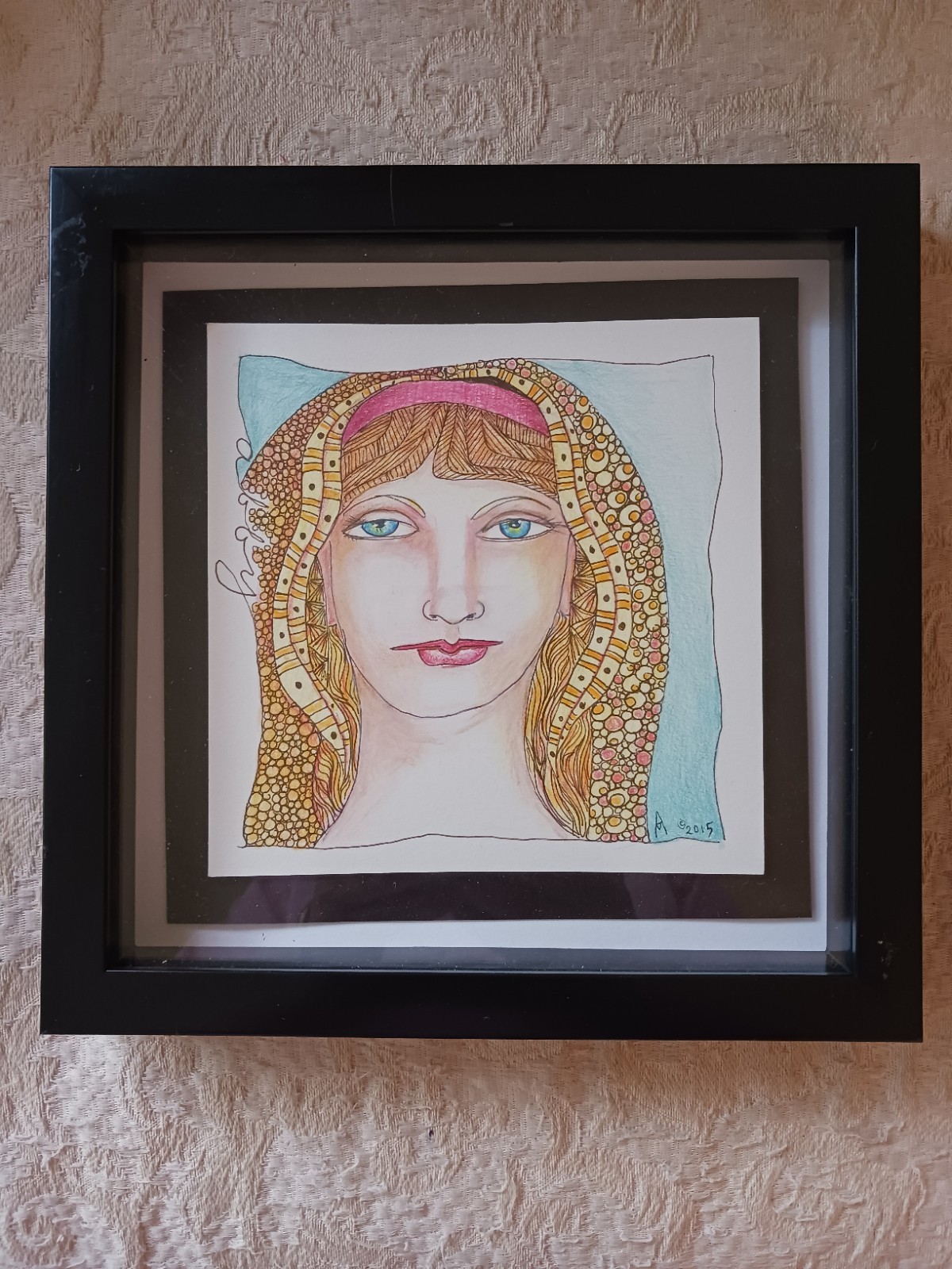Original Hand Painted Ink & Pencil Drawing Lady Named Abby in Zentangles Style