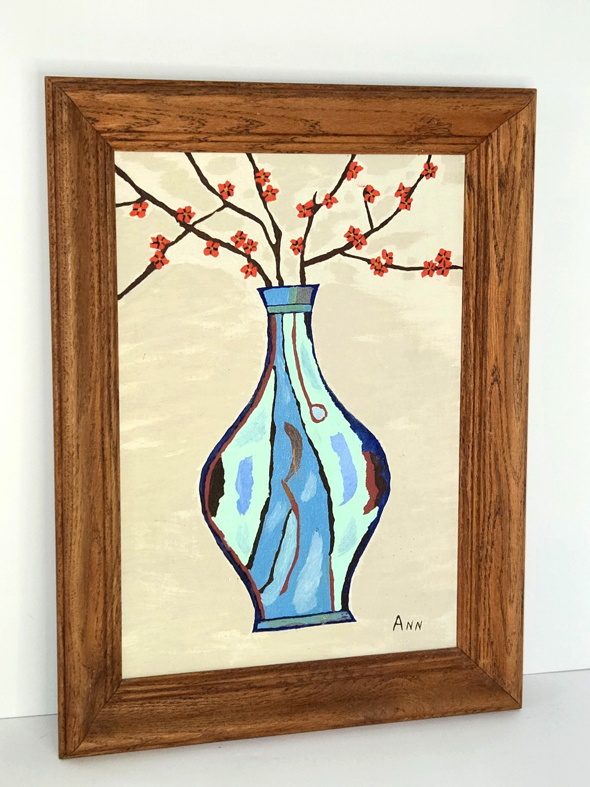 Vintage Still Life Blue Vase w/Red Blossoms Signed Oak Frame 17″ x 13″